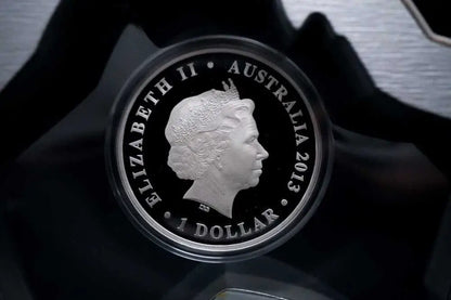 A silver 2013 Australian 1 Dollar coin in a clear protective capsule, resting on a black textured surface with a dark background.