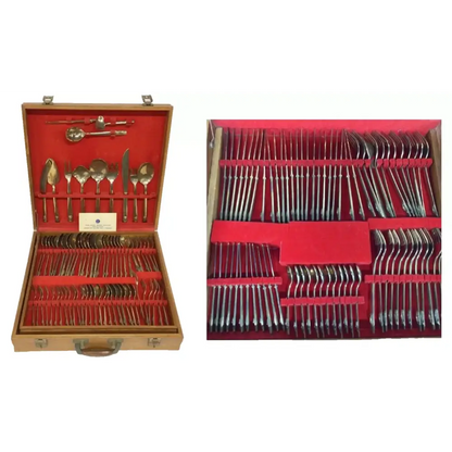 Set of silverware in an open and closed wooden case