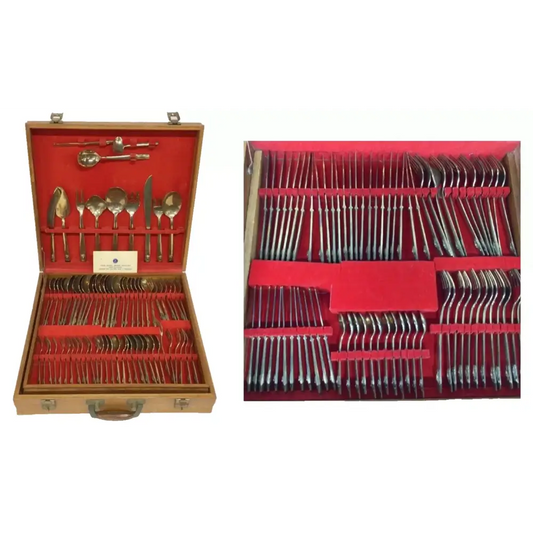 Set of silverware in an open and closed wooden case