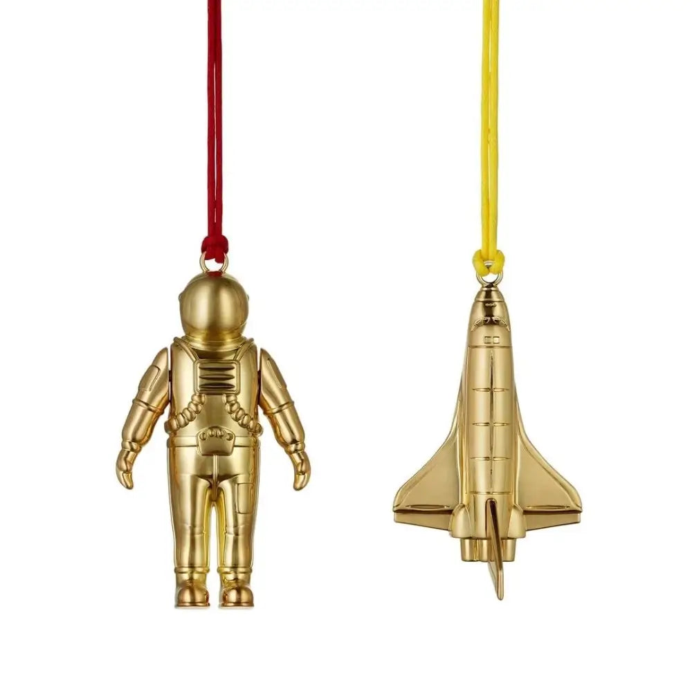Gold astronaut and rocket ship ornaments 