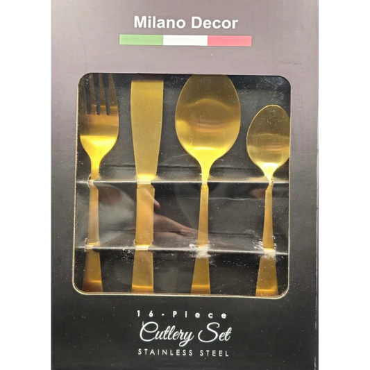 Gold cutlery set in packaging with 'Milano Decor' branding