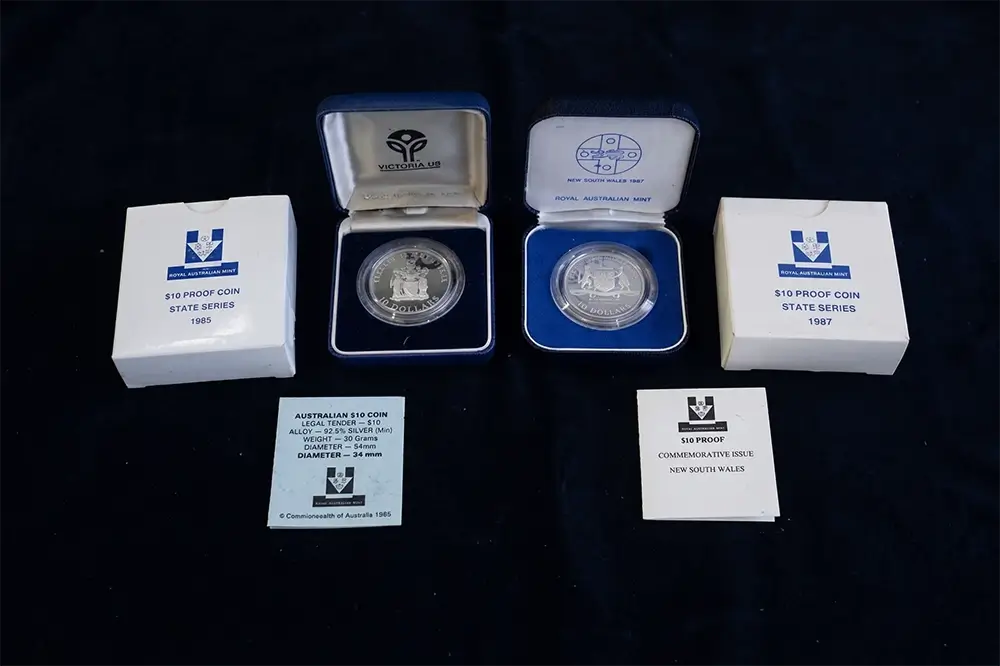 Specification card for Australian $10 State Series proof coins – 92.5% sterling silver, 20g