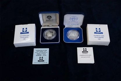Specification card for Australian $10 State Series proof coins – 92.5% sterling silver, 20g