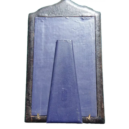 Metallic object with a blue rectangular panel
