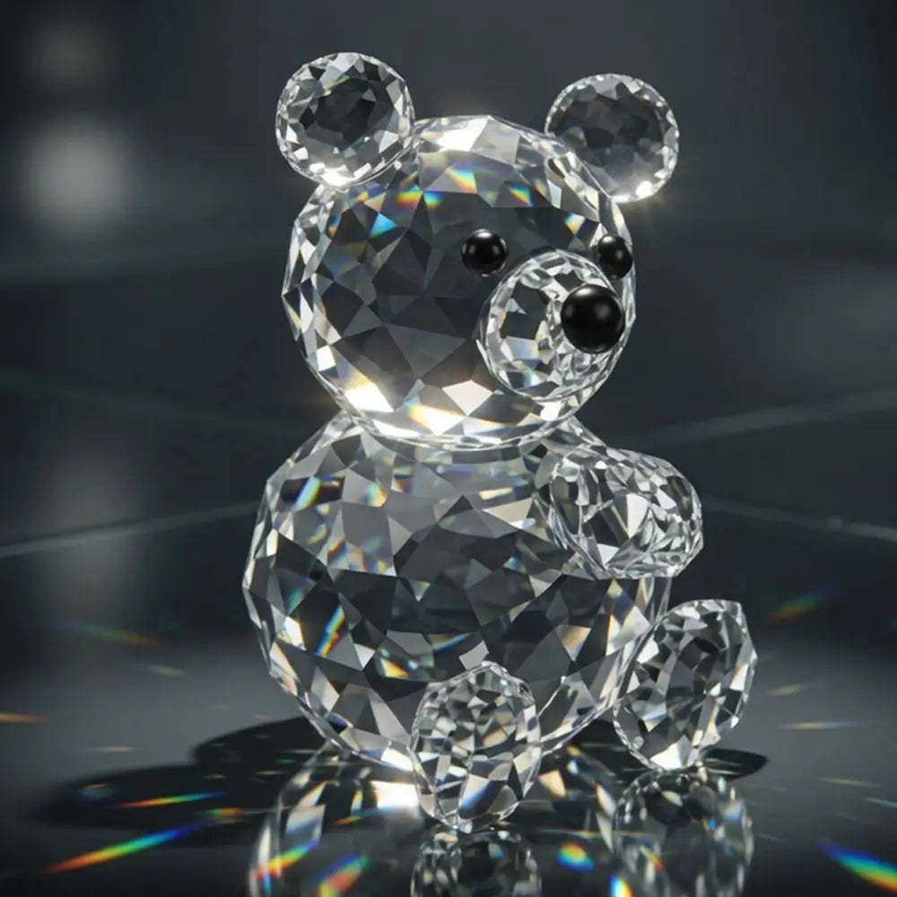 Crystal bear figurine with a reflective surface on a dark background