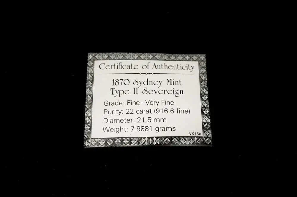 Certificate of authenticity for 1870 Sydney Mint Type II Sovereign, Fine-Very Fine | Koalaehub