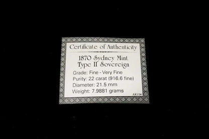 Certificate of authenticity for 1870 Sydney Mint Type II Sovereign, Fine-Very Fine | Koalaehub
