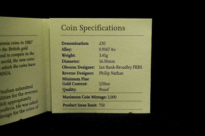 2009 UK Britannia £10 Gold Proof Coin 1/10 oz, Royal Mint