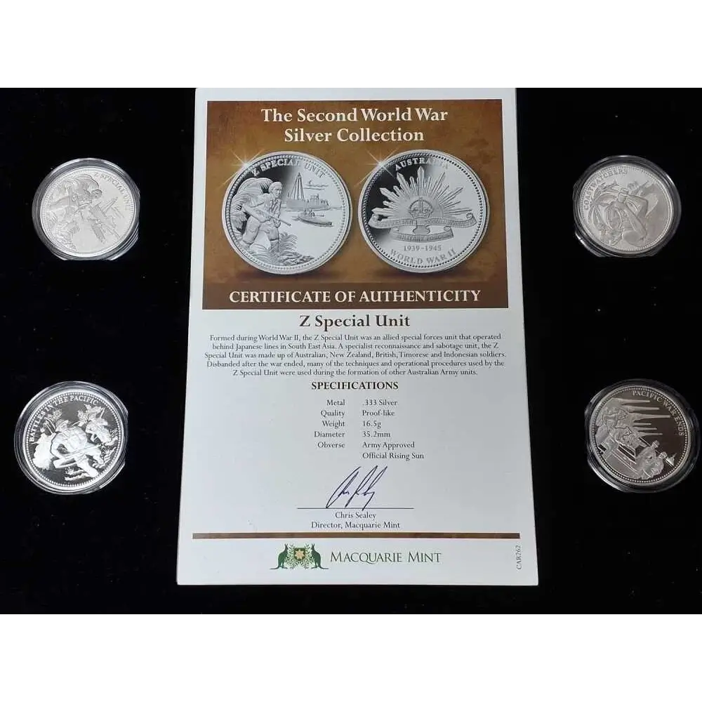 Macquarie Mint WW2 silver medallion complete set black presentation case Australia
