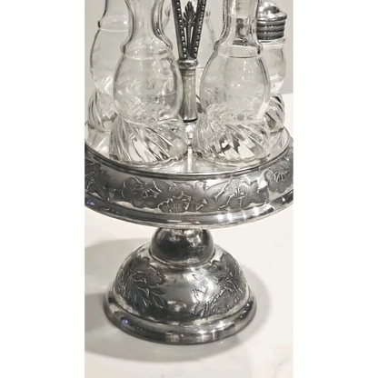 Close-up of Rogers & Bro. Silver Plated Caddy for Antique Cruet Set