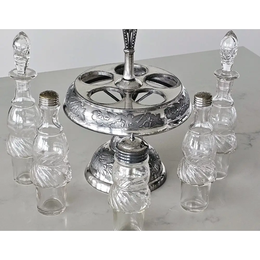Antique Glass Cruet Bottles with Ornate Silver Handle by Rogers & Bro.