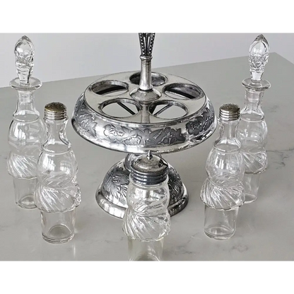 Antique Glass Cruet Bottles with Ornate Silver Handle by Rogers & Bro.