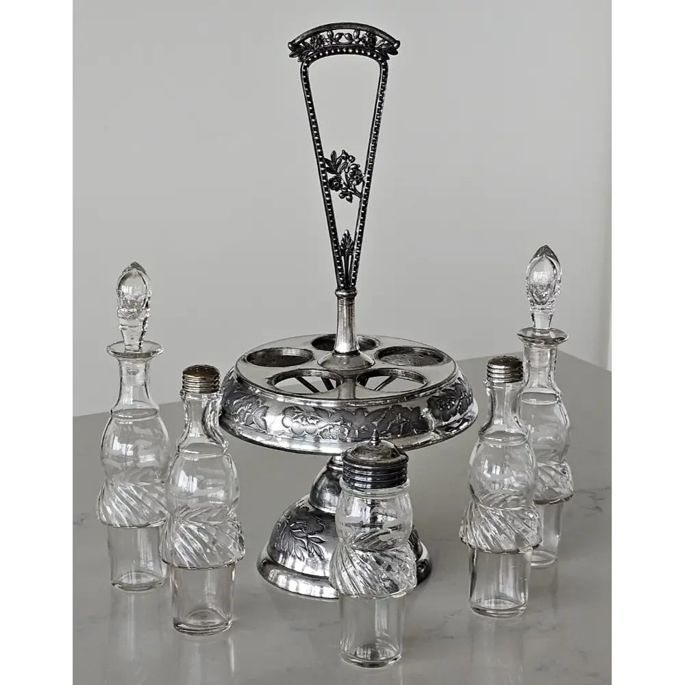Side Profile of Complete Rogers & Bro. Antique 5-Bottle Silver Cruet Stand