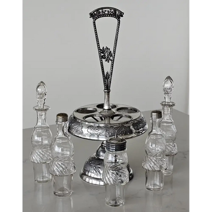 Side Profile of Complete Rogers & Bro. Antique 5-Bottle Silver Cruet Stand