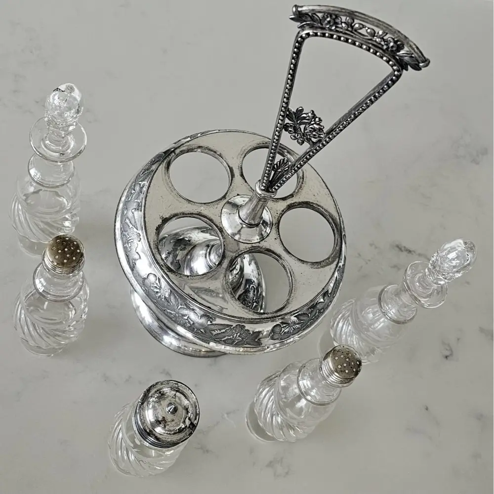Top View of Rogers & Bro. Antique Silver Caddy with Glass Stoppers