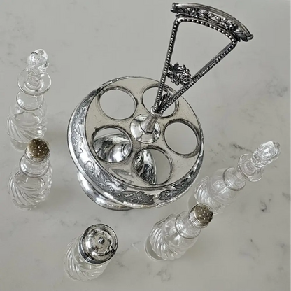 Top View of Rogers & Bro. Antique Silver Caddy with Glass Stoppers