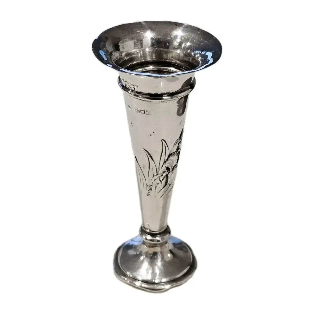 Detailed Art Nouveau Iris Floral Repoussé Work on Hardy Bros Silver Vase