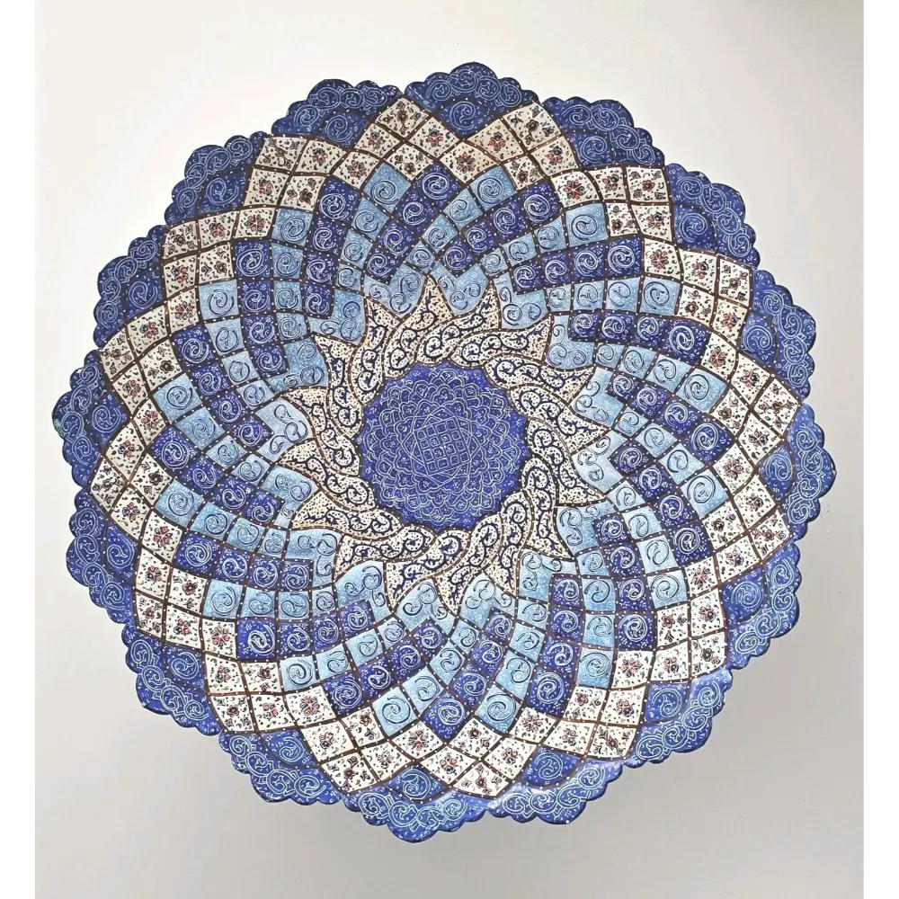 34cm Persian Meenakari hand-painted blue enamel on copper wall plate with intricate floral patterns from our Home Decor collection 