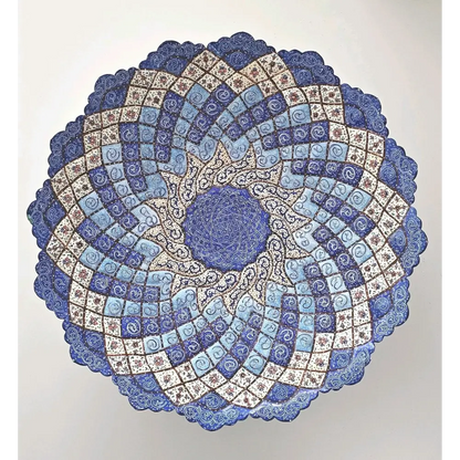 34cm Persian Meenakari hand-painted blue enamel on copper wall plate with intricate floral patterns from our Home Decor collection 