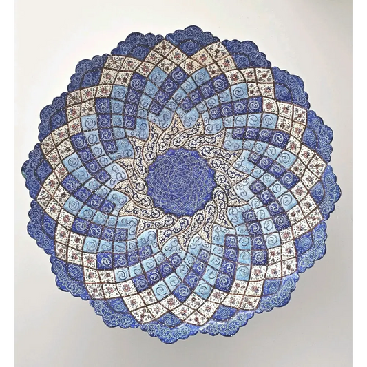 34cm Persian Meenakari hand-painted blue enamel on copper wall plate with intricate floral patterns from our Home Decor collection 