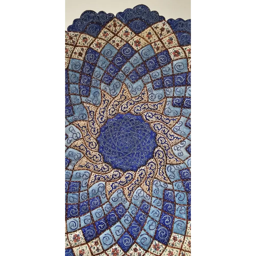 Close-up of the handcrafted enamel textures and vibrant turquoise motifs on the Meenakari copper plate.