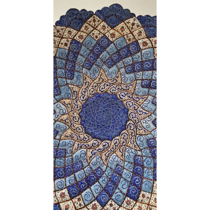 Close-up of the handcrafted enamel textures and vibrant turquoise motifs on the Meenakari copper plate.