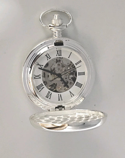 Silver pocket watch with transparent case 