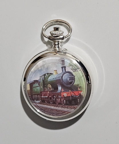 Pocket watch with a train design on the face against a white background
