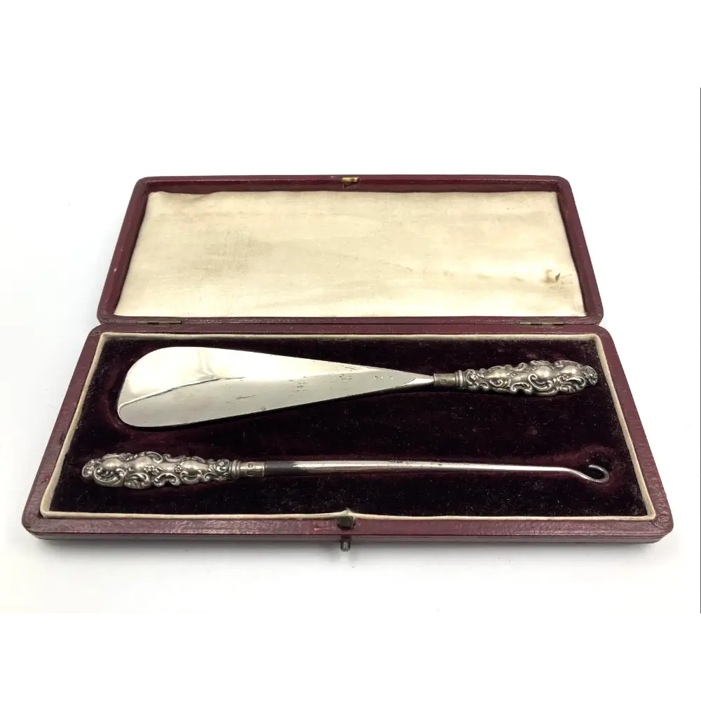 Vintage sterling silver shoehorn and button hook set, hallmarked 1900