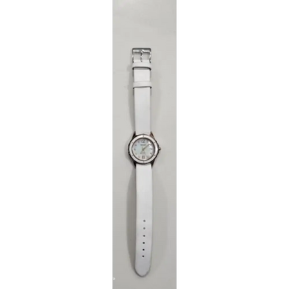 White wristwatch with a silver case on a white background