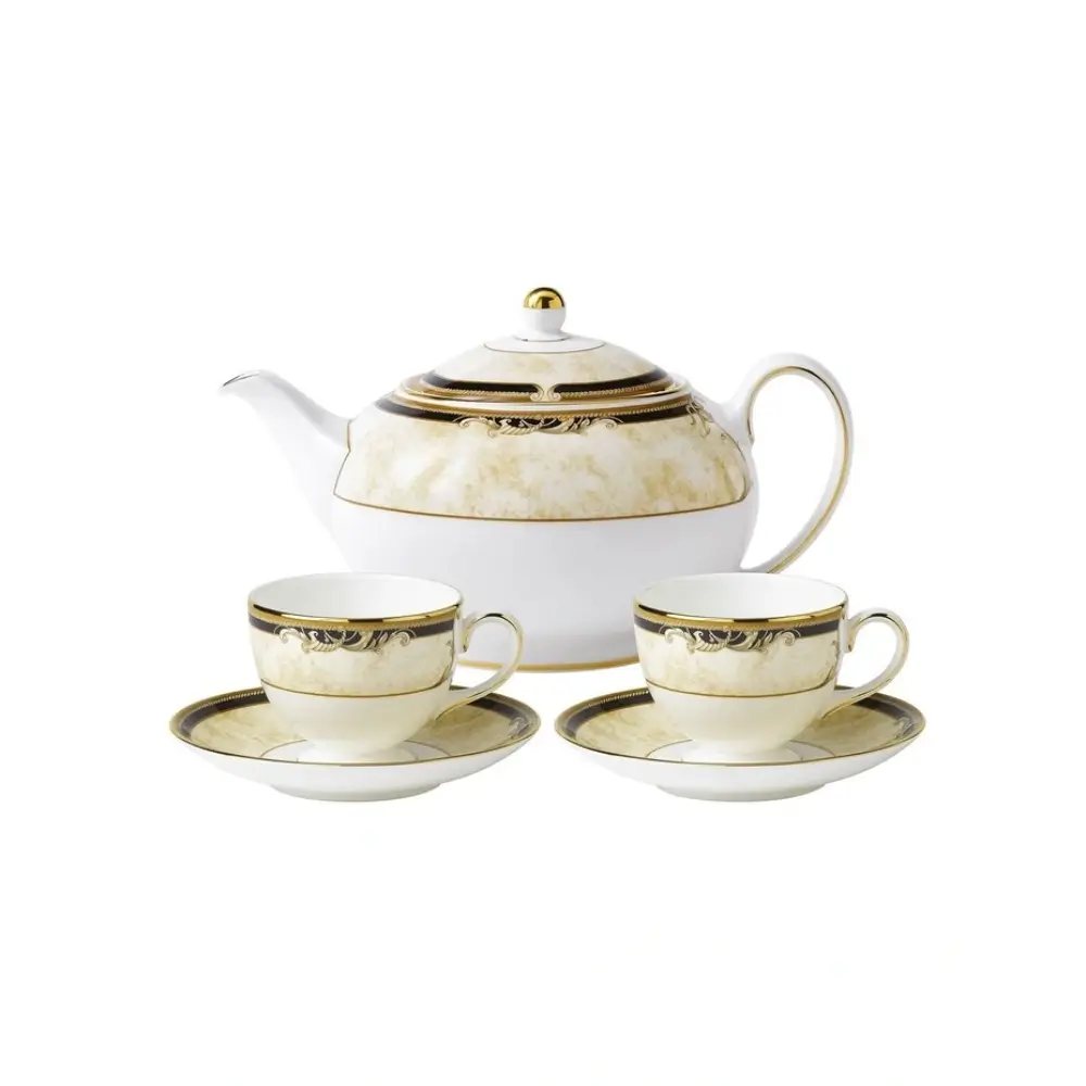 Wedgwood Cornucopia Tea Set for Two in Fine Bone China - Navy and 22ct Gold Trim Cups and Saucers