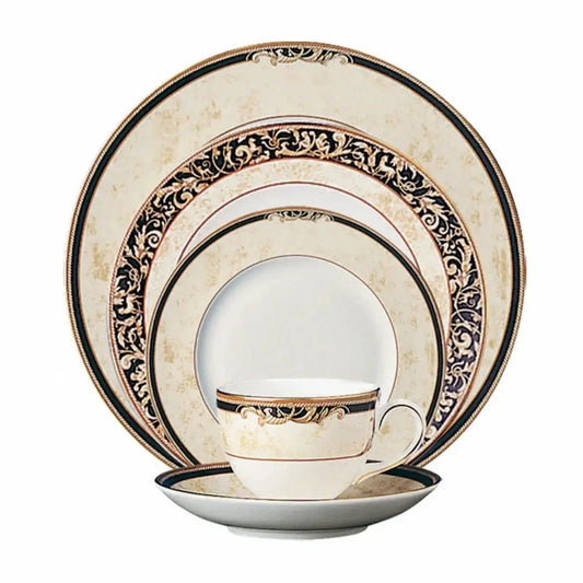 Wedgwood Cornucopia 5 Piece Place Setting in Fine Bone China - Luxury Dinnerware with Navy and 22ct Gold Trim