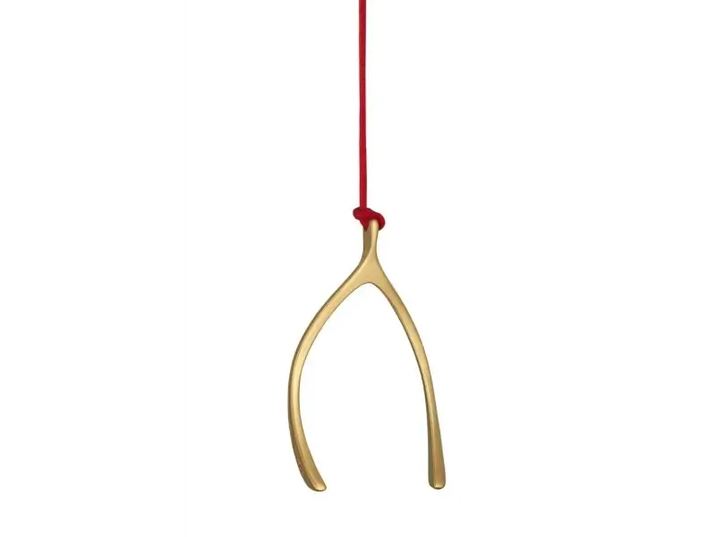 Gold wishbone Ornaments on a red string against a white background