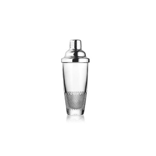 A clear glass cocktail shaker with a polished silver metal lid and a textured diamond-patterned lower section, centered on a solid white background from our Waterford Crystal Australia 