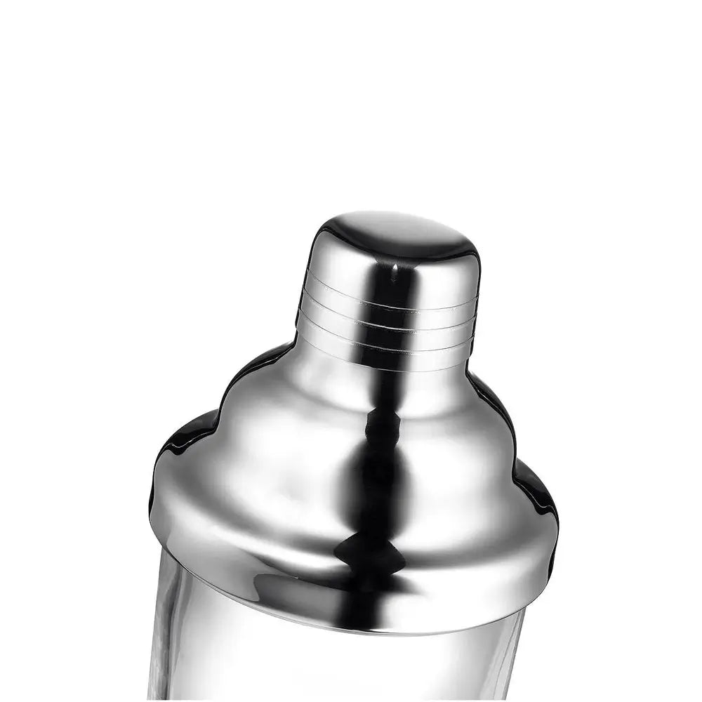 Close-up of a polished stainless steel cocktail shaker top with a reflective metallic finish, set against a plain white background.