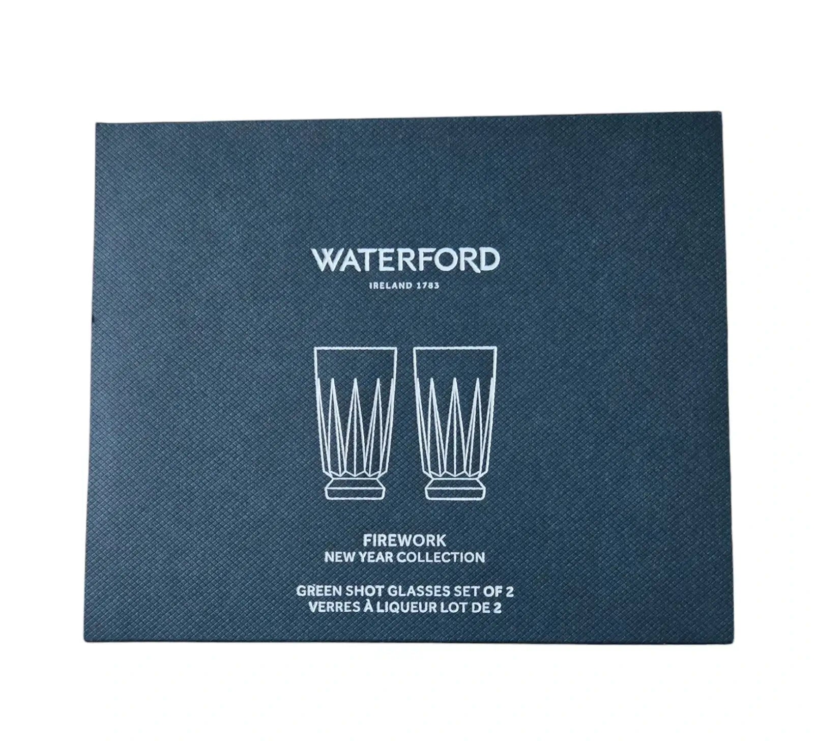 Blue box with white text and graphics for Waterford Firework New Year Collection green shot glasses