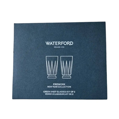 Blue box packaging for Waterford green shot glasses with white text on a white background