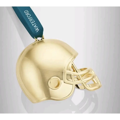 Gold football helmet ornament with Waterford ribbon