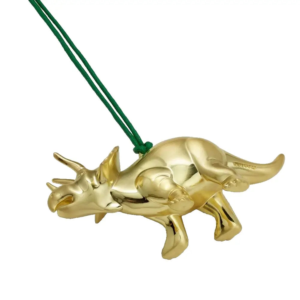 Gold triceratops dinosaur pendant on a green cord