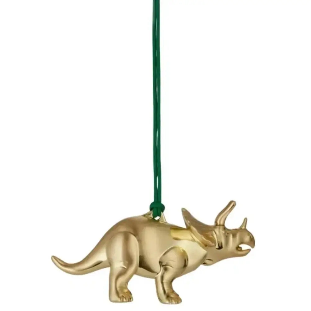 Gold triceratops dinosaur ornament on a white background