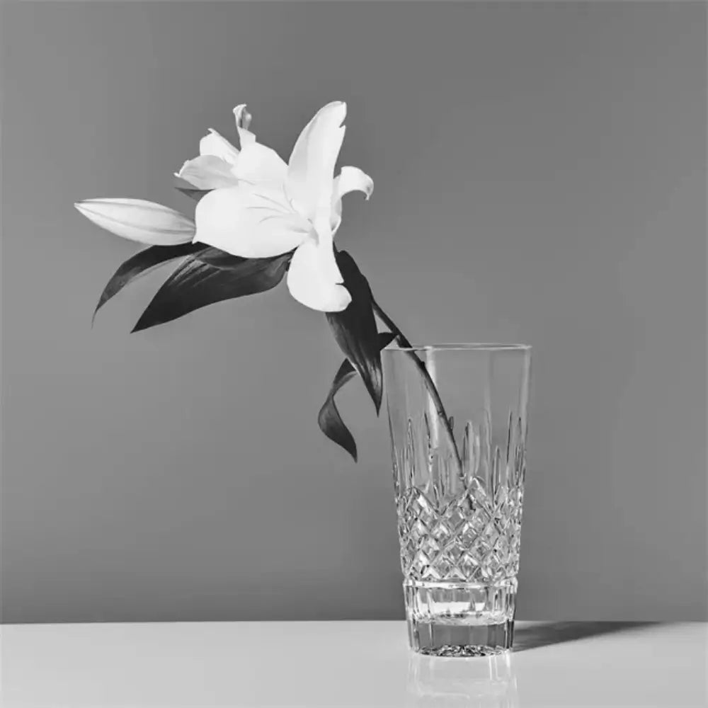 Clear glass vase with a white flower on a gray background