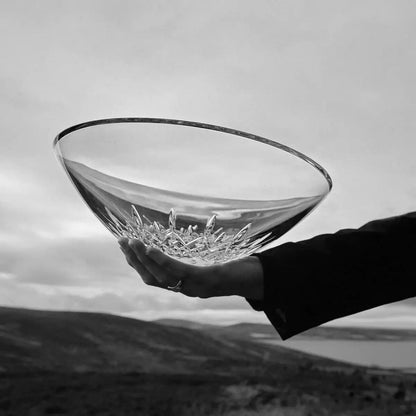 A hand in a black sleeve holds a clear cut-glass bowl against a grayscale outdoor landscape background.