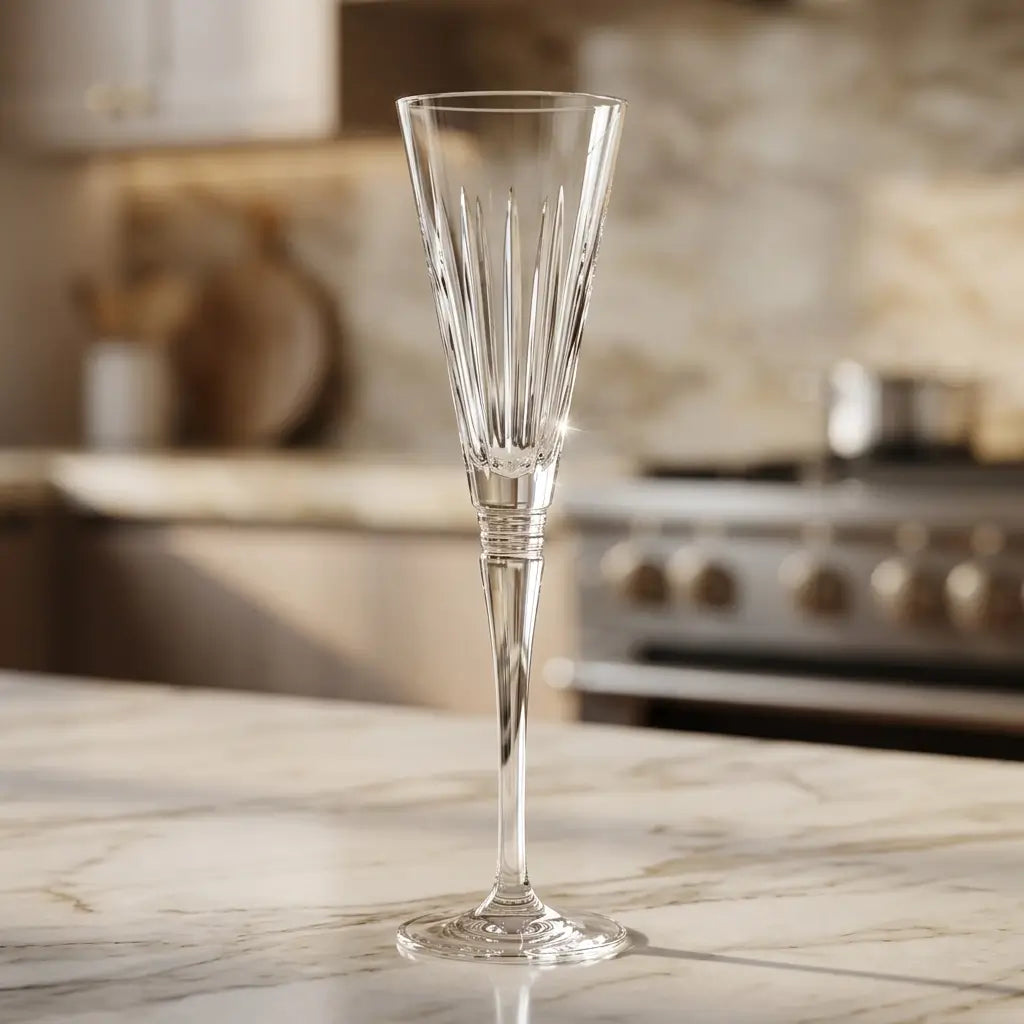 A clear cut-crystal champagne flute with vertical faceted detailing, standing on a light marble countertop with a softly blurred kitchen background.