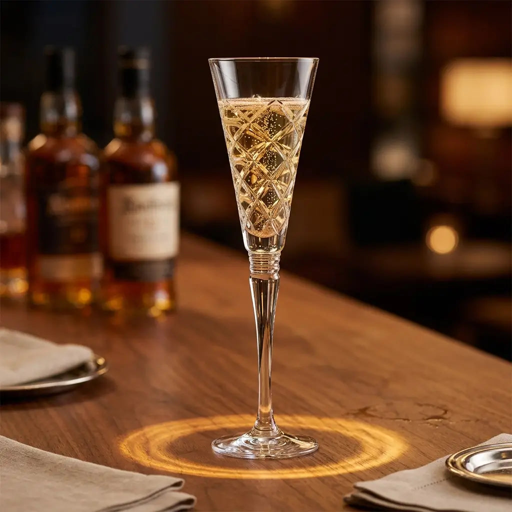 A clear cut-crystal champagne flute with a diamond pattern, filled with a golden beverage, set on a wooden bar table with blurred bottles in the background.