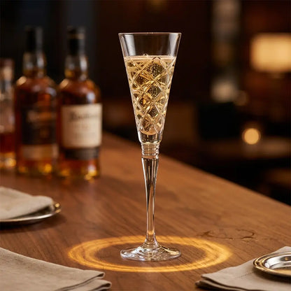 A clear cut-crystal champagne flute with a diamond pattern, filled with a golden beverage, set on a wooden bar table with blurred bottles in the background.