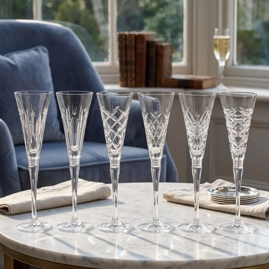 Six clear cut-crystal champagne flutes arranged on a round marble table in a bright living room, with a blue armchair, books, and a window in the background from our Waterford Crystal Australia – Outlet & Sale Collection