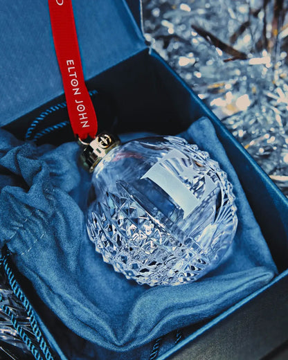 Etched Elton John E icon on Waterford crystal bauble