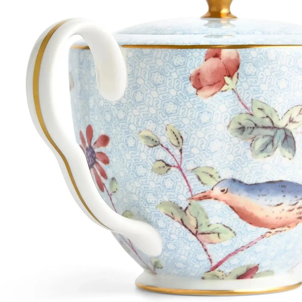 Close-up of Wedgwood Cuckoo Large Teapot showing gold trim and handle