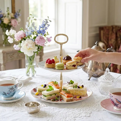 Wedgwood Cuckoo Tea Story 2 Tier Cake Stand full view with Chinese floral design
