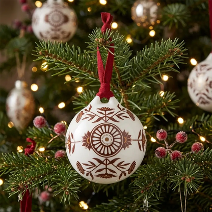 Decorative Christmas ornament with intricate patterns hanging on a tree.